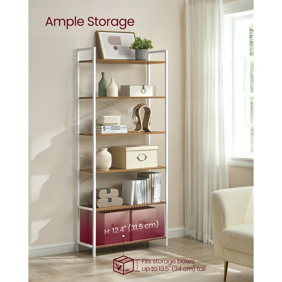 6 - Tier Industrial Style Large Bookcase - Steel Frame. Deep shelves, 11.8" x 31.5" x 73.2", Honey Brown & Matte White.