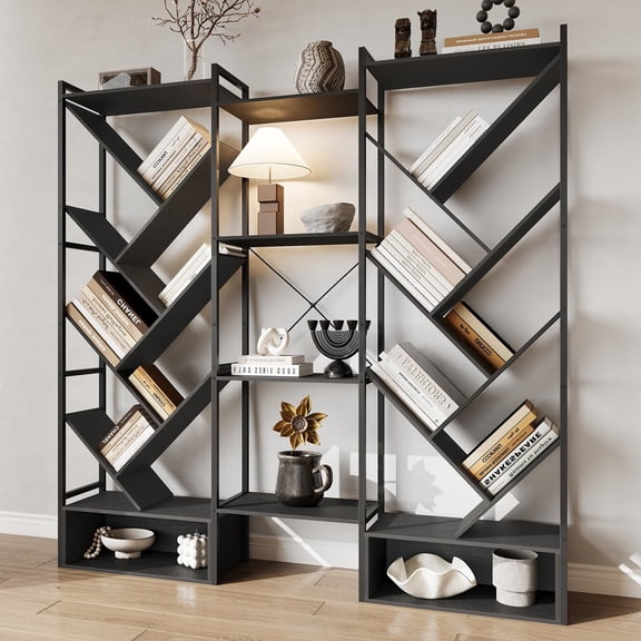 6-Tier Industrial Tree Bookshelf, Triple Column Wooden Large Bookcase with 24 Open Display Shelves, Tall Standing Tree Shelf Storage Rack for Living Room, Home Office, Study