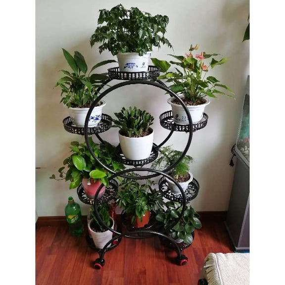 6 Tier Iron Plant Stand Indoor 2 Circle Shelf Flower 9 Pot Black