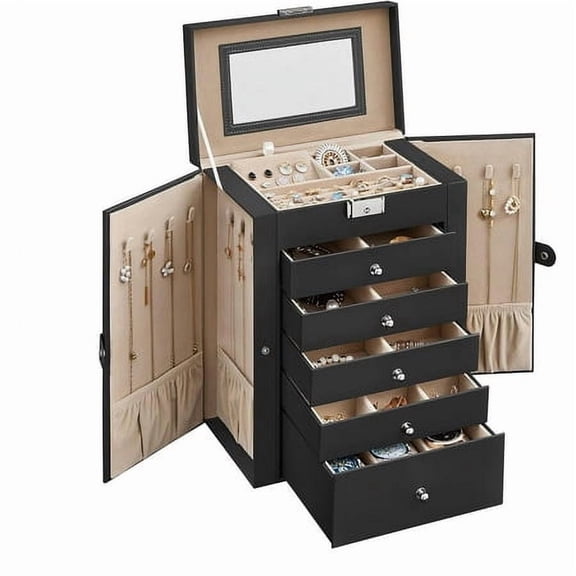 6 Tier Jewelry Box Jewelry Case with 5 Drawers Large Storage Capacity with Mirror Lockable Jewelry Storage Organizer Gift for Loved Ones Gray