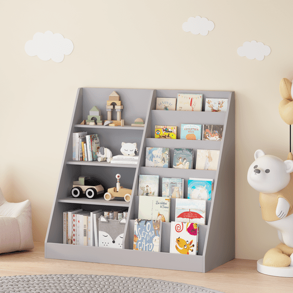 6 Tier Kids Wooden Bookshelf and Toy Storage, Multifunctional 4 Tier Wooden Kids Book Shelf with Bookcase Display Stand, Toddler BookRack Baby Bookcase for Nursery, Playroom and Classroom