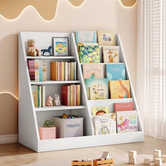 6 Tier Kids Bookshelf and Toy Storage, Wooden Children Toy Organizer with Book Shelves, Toddler Book Rack Baby Bookcase for Nursery, Playroom and Classroom