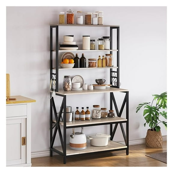 6-Tier Kitchen Bakers Rack, 31.5 Inch Coffee Bar Table, Farmhouse Microwave Oven Stand Cabinet for Small Spaces, Corner Organizer Storage Shelf for Spices and Pots, Grey