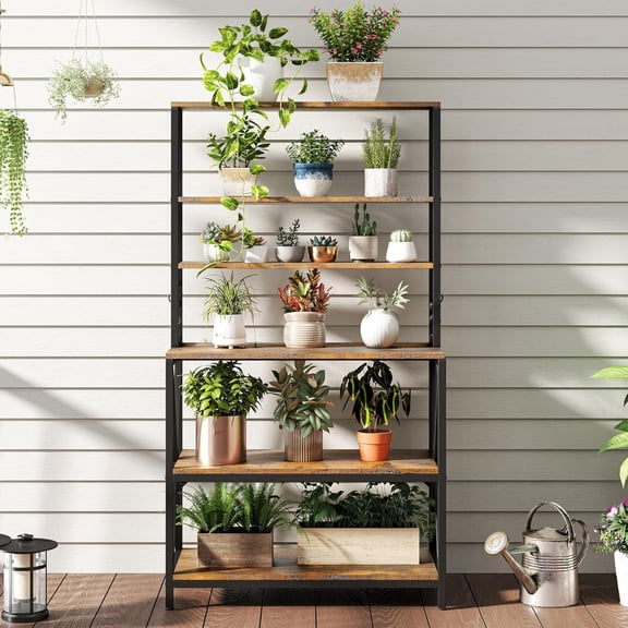 6-Tier Kitchen Bakers Rack, 31.5 Inch Coffee Bar Table, Farmhouse Microwave Oven Stand Cabinet for Small Spaces, Corner Organizer Storage Shelf for Spices and Pots Rustic Brown