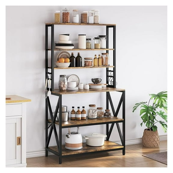 6-Tier Kitchen Bakers Rack, 31.5 Inch Coffee Bar Table, Farmhouse Microwave Oven Stand Cabinet for Small Spaces, Corner Organizer Storage Shelf for Spices and Pots Rustic Brown