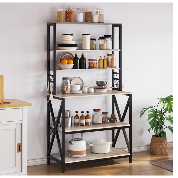6-Tier Kitchen Bakers Rack, 31.5 Inch Coffee Bar Table with Storage Shelves, Farmhouse Microwave Oven Stand for Small Spaces, Corner Organizer Rack for Spices and Pots, Gray