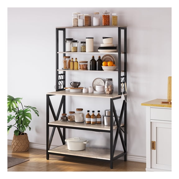 6-Tier Kitchen Bakers Rack, 31.5 Inch Coffee Bar Table with X-Design Metal Frame, Farmhouse Microwave Oven Stand Cabinet for Small Spaces, Corner Organizer Storage Shelf for Spices, Brown