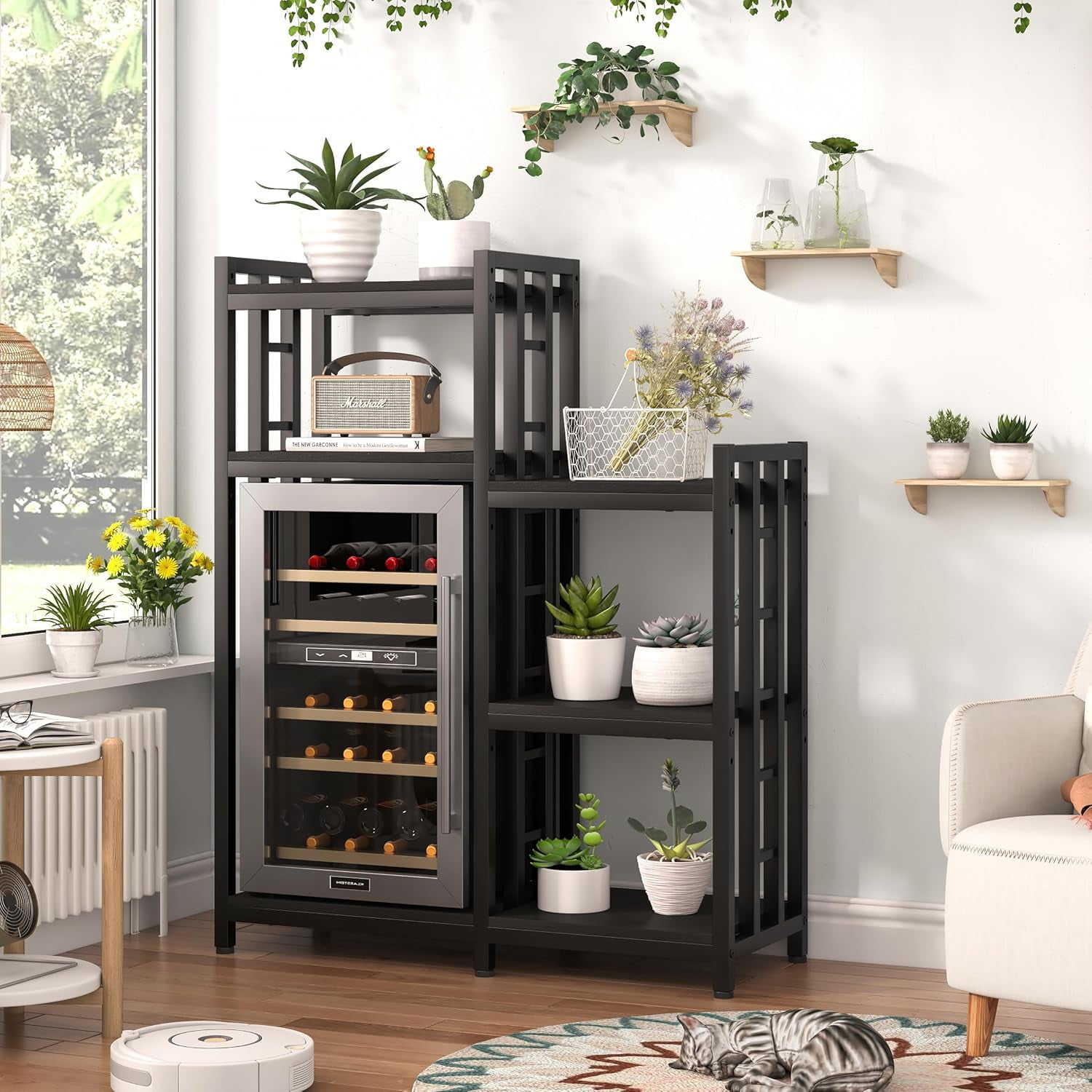 6-Tier Kitchen Bakers Rack,Mini Fridge Shelf with Storage, Mini Fridge&Microwave Oven Stand Table,Coffee Bar,Adjustable Kitchen Shelves Freestadning for Home Office (Black Wood Grain)