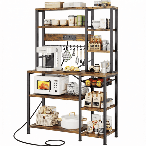 6-Tier Kitchen Bakers Rack with Storage, Coffee Bar Station with Power Outlet, Microwave Stand with 12 S-Shaped Hooks, Open Kitchen Storage Shelves for Spices, Pots and Pans, Rustic Brown