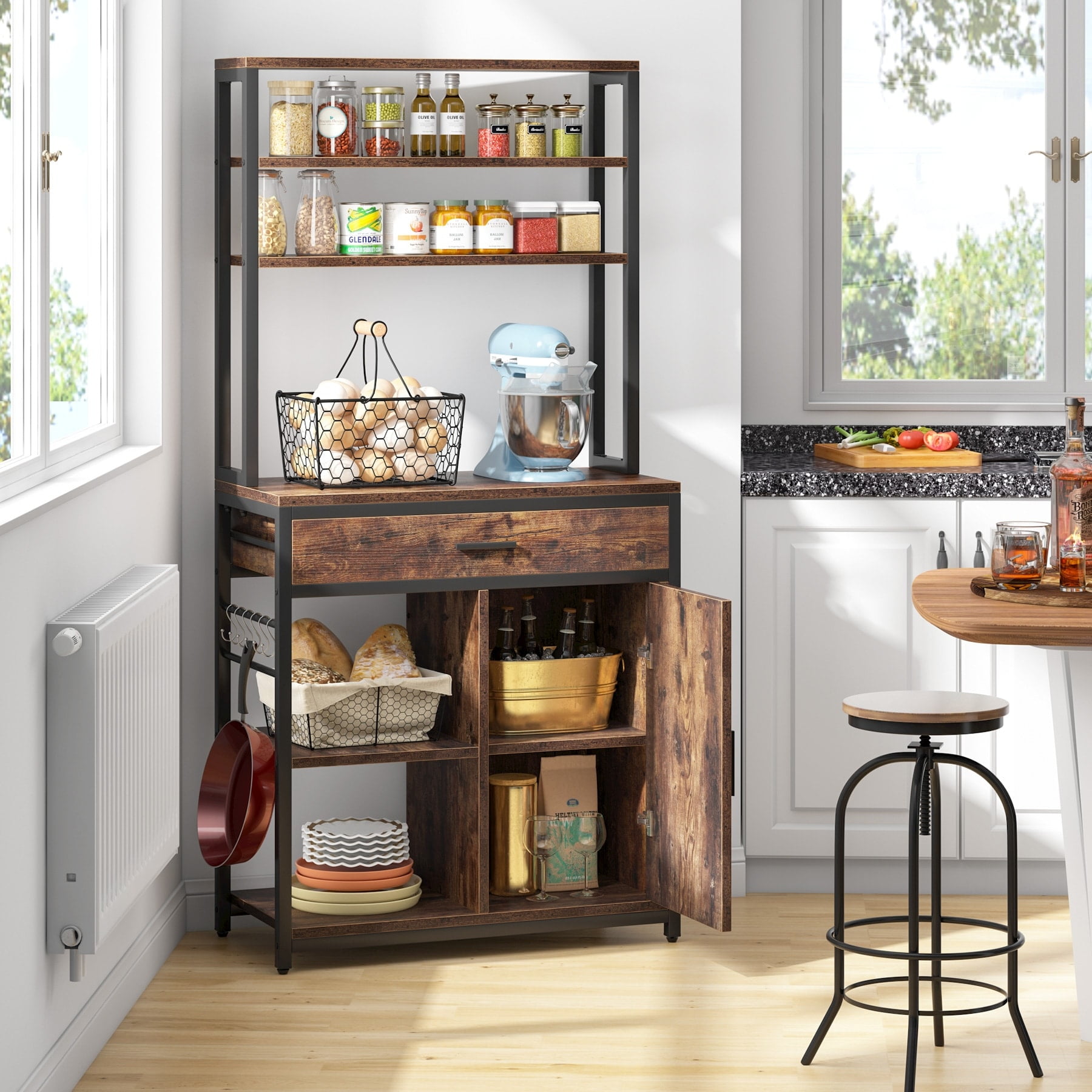  Free Standing Kitchen Units, 6-Tier Bakers Rack, Kitchen  Cabinet, Large Kitchen Storage Shelves with Flip Door and Pegboard and  Wheels & 8 Hooks, Metal Kitchen Rack ( Color : Gris 