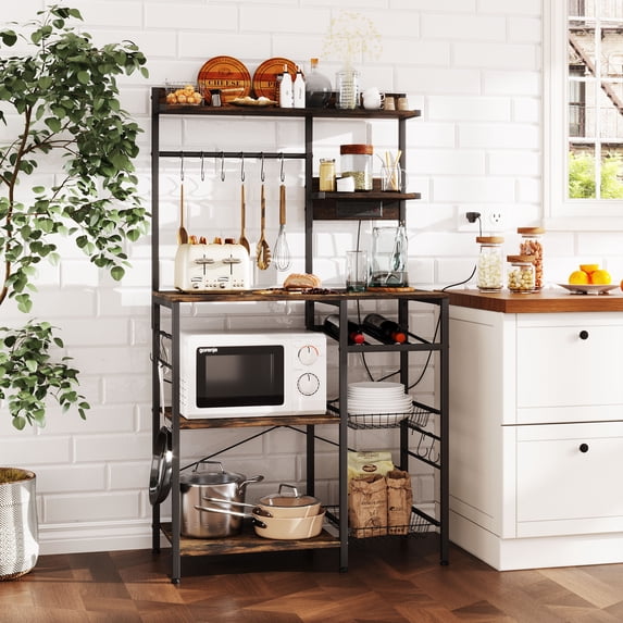 6-Tier Kitchen Bakers Rack with Hutch, Microwave Oven Stand with Wine rack, Coffee bar,Kitchen Utility Storage Shelf for Spice Rack Organizer,Brown
