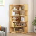 thumbnail image 1 of 6-Tier L-Shaped Corner Bookshelf - 66" Tall Wooden Freestanding Bookcase with Open Shelf Units, Oak, 1 of 12