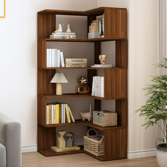 6-Tier L-Shaped Corner Bookshelf - 66" Tall Wooden Freestanding Bookcase with Open Shelf Units, Walnut