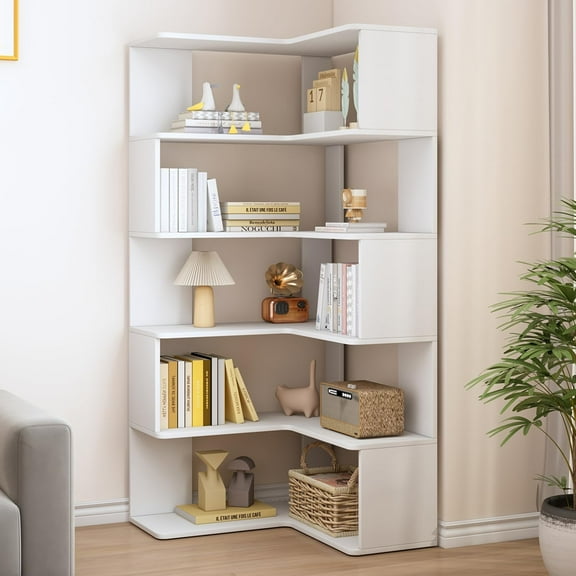 6-Tier L-Shaped Corner Bookshelf - 66" Tall Wooden Freestanding Bookcase with Open Shelf Units, White