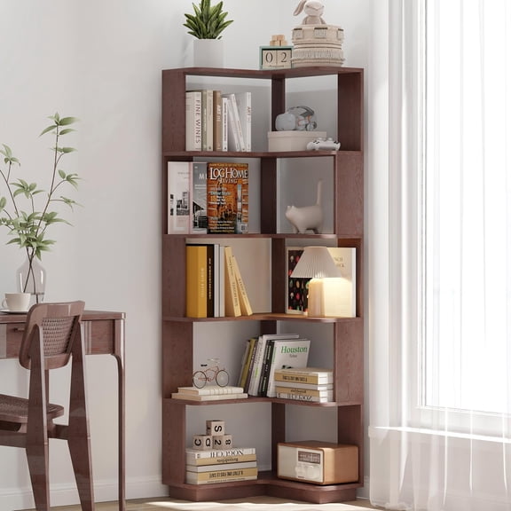 6 Tier L-Shaped Corner Bookshelf, Freestanding Tall Corner Shelf for Small Spaces, 21.6" Narrow Wooden Storage Bookcase for Living Room, Bedroom & Office (Ox Blood Red)