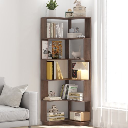 6-Tier L-Shaped Corner Bookshelf, Freestanding Wood Display Shelf with Anti-Drop Panels & Anti-Tip Device, Open Storage Rack Organizer for Living Room Bedroom Home Office, DARK BROWN