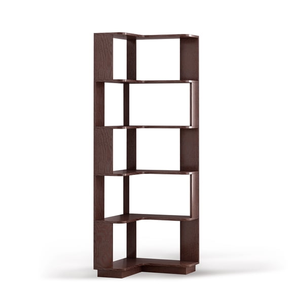 6 Tier L-Shaped Corner Bookshelf, Wooden Display Shelf with Anti-Tip Device and Storage Racks, Dark Red Finish for Living Room