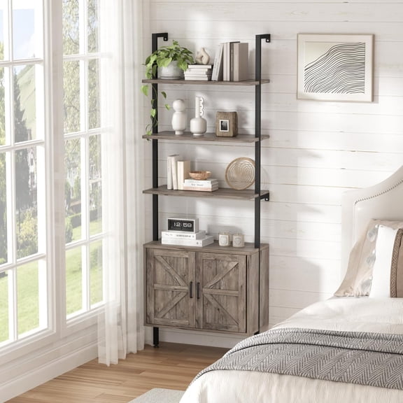 6 Tier Ladder Bookcase with Cabinet Industrial Style Rustic Grey Metal Frame Freestanding Storage Rack for Books Decor in Living Room Bathroom and Office