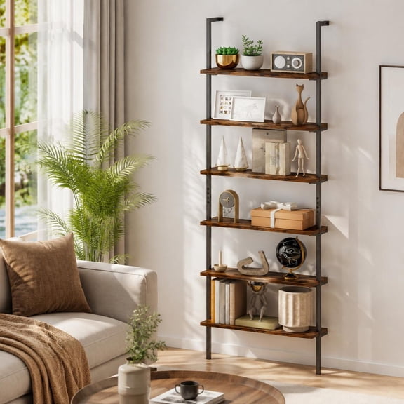 6-Tier Ladder Shelf 72 Inches Industrial Wall Mounted Bookshelf, Rustic Brown, 265 Lbs Capacity