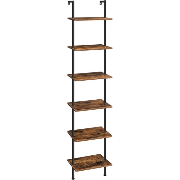 6-Tier Ladder Shelf Wooden Wall Mounted Bookcase Narrow Display Shelf Storage Rack Plant Stand Rustic Brown and Black 15.4"L x 9.4"W x 79"H