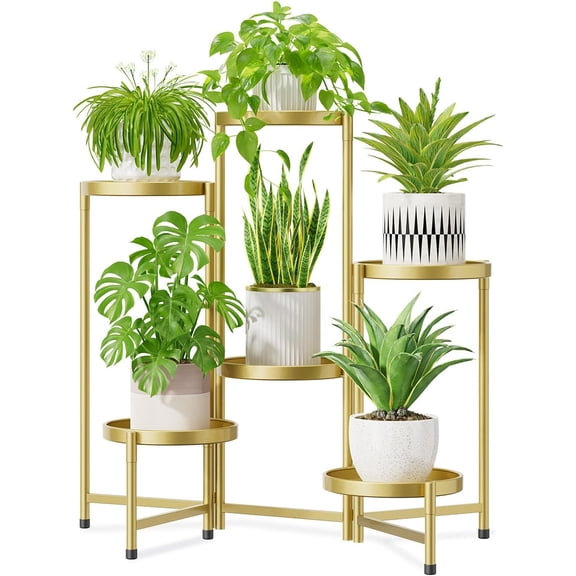 6 Tier Large Plant Stand Indoor, 10 Inch Wide Tall Corner Metal Plant Stands Outdoor for Multiple Plants, Folding Tiered Flower Display Holder Rack Shelf, Gold