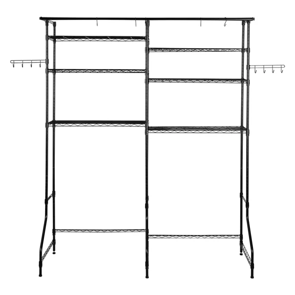 6-Tier Laundry Room Storage Shelves with Adjustable Hanger Rod and Hooks,Over Washer and Dryer Drying Rack for Space-Saving Organization in Black