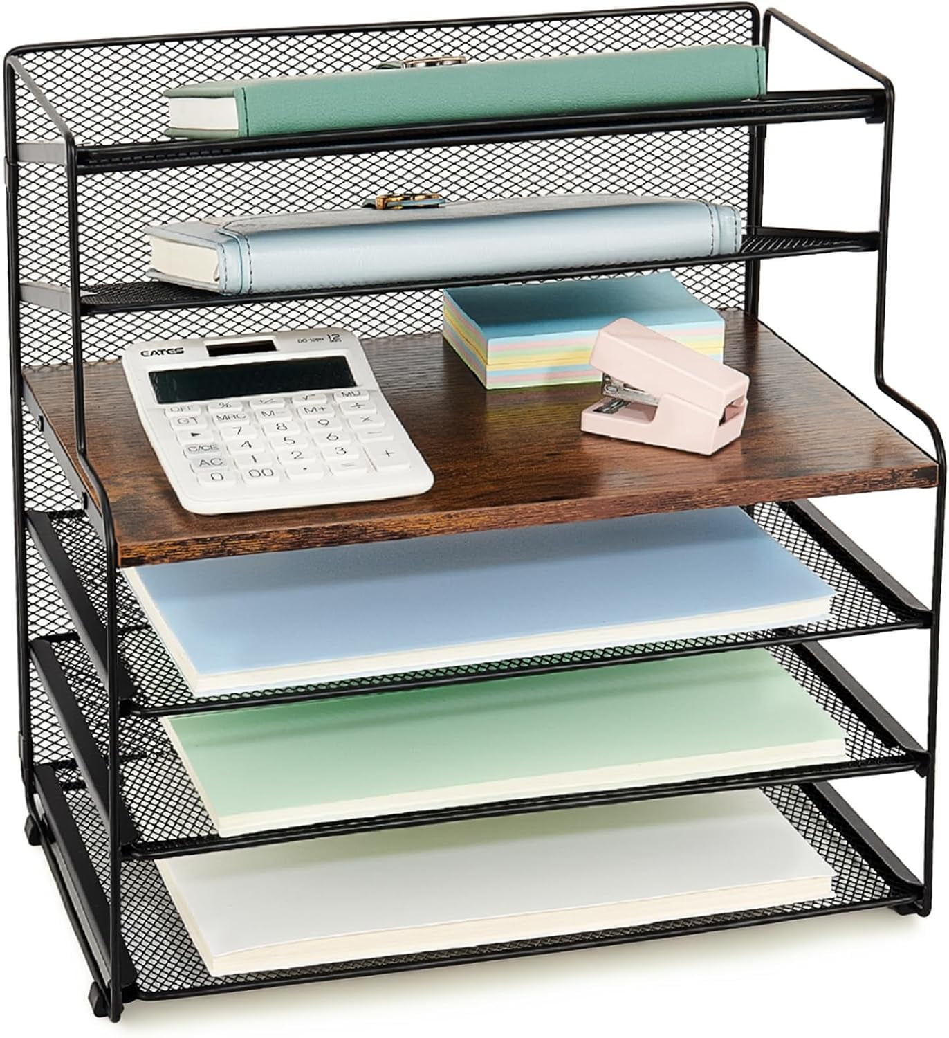 6-Tier Letter Tray Paper Organizer, Desk Organizers and Accessories, Desktop File Organizer, Office Desk Accessories for Office Supplies (Wood Brown)