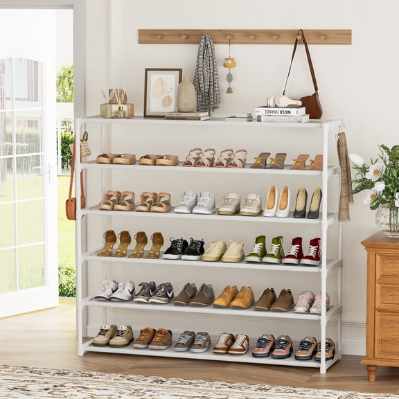 6 Tier Long Shoe Rack with 2 Hooks for 36-42 Pairs Wide Stackable Shoe Racks for Closet Entryway, Sturdy Durable Shoes Rack Holder Save Space