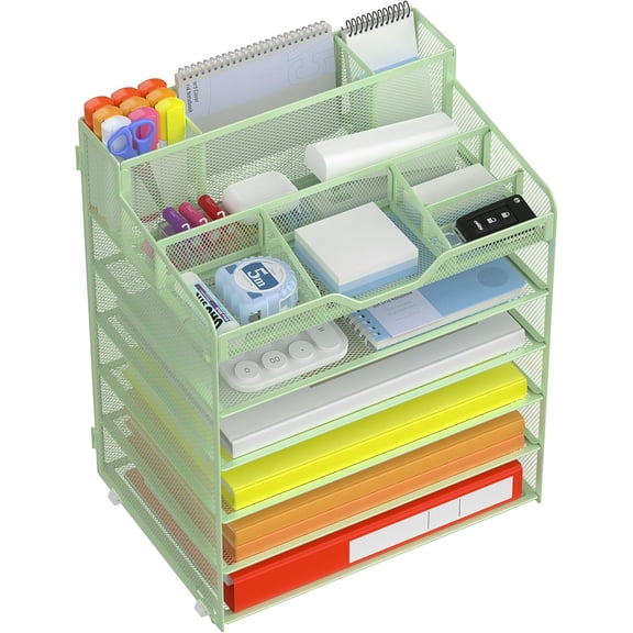 6 Tier Mesh Desk Organizer for Paper Office Supplies – Multi-Functional Letter Tray with 5 Adjustable Compartments, 6 Pen Holders, Desktop Storage for Files, Mail, Stationery – Green