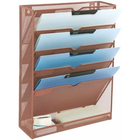 6 Tier Mesh Hanging Wall File Organizer, Desk Vertical Mail Paper Document Folder Holder Rack with Bottom Tray and Nametag Label for Office Home School, Brown