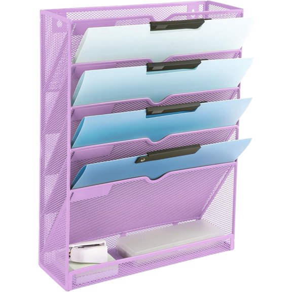 6 Tier Mesh Hanging Wall File Organizer, Desk Vertical Mail Paper Document Folder Holder Rack with Bottom Tray and Nametag Label for Office Home School, Light Purple
