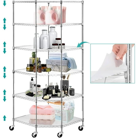 6 Tier Metal Corner Shelf, Polygonal Corner Wire Shelf with Wheels and PP Panels, Adjustable Heavy Duty Corner Storage Shelf for Garage, Basement, Kitchen, Living Room, 27" W X 27" D X 71" H, Chrome