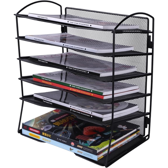 6 Tier Metal Desk File Organizer, Office File Folder Holder Letter Tray, Paper Sorter Organizer for Letter Document and Mail Sorting, Black