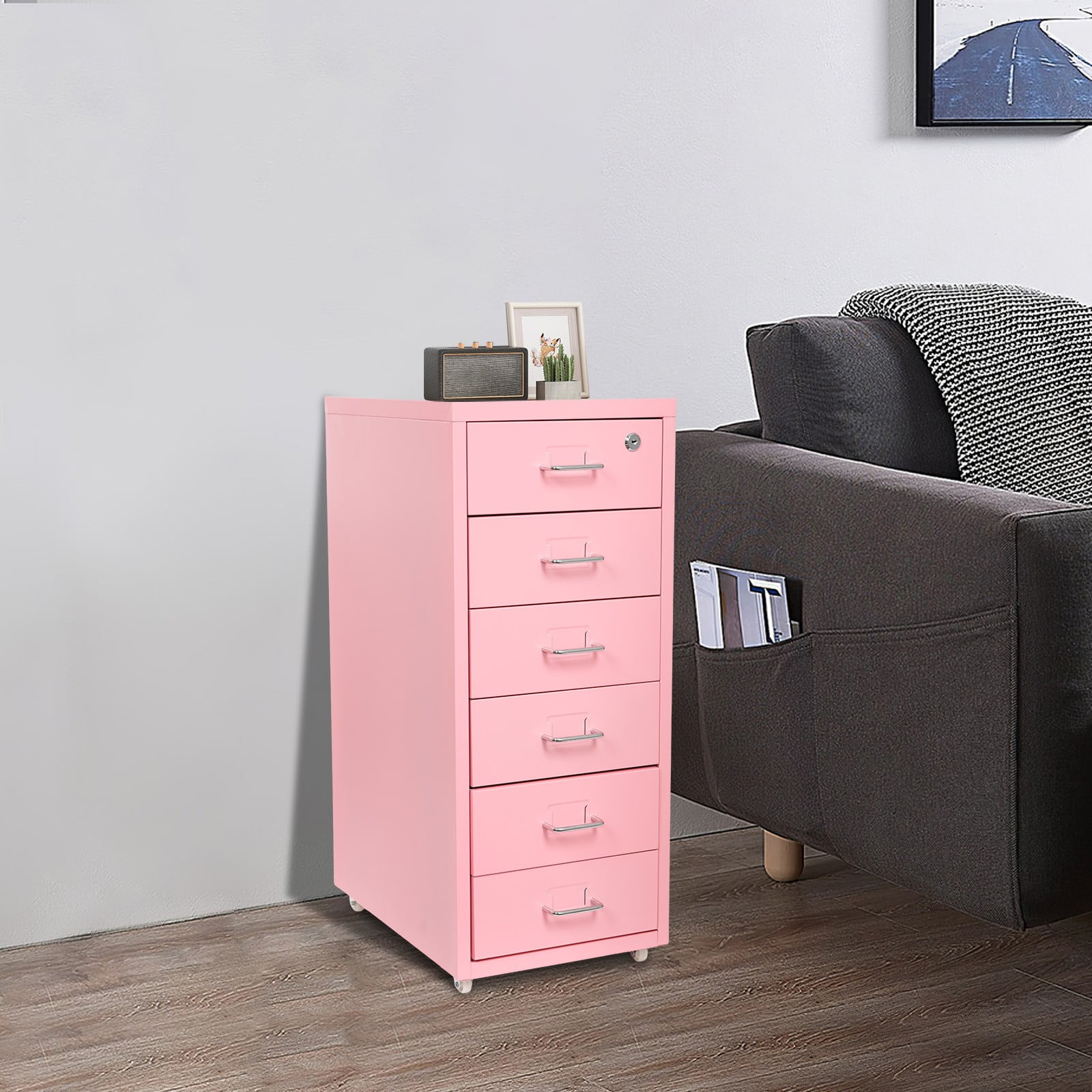 6-Tier Metal File Cabinet, Durable, Lockable Vertical Filing Cabinet for Studying Room, Office, Pink