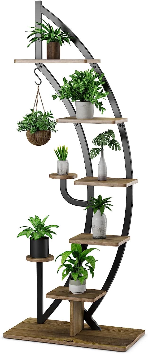 6 Tier Metal Plant Stand Indoor, 61" Half Moon Plant Shelf W/ Hanger