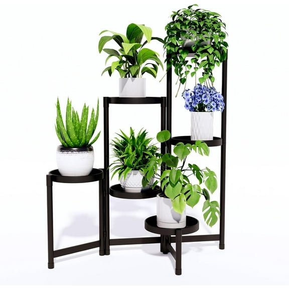 6-Tier Metal Plant Stand Indoor Outdoor - Corner Tall Plant Shelf for Multiple Plants, Foldable Heavy Duty Plant Holder - Decoration flower Stand for House Living Room Balcony Garden Patio - Black