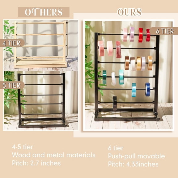 6 Tier Metal Ribbon Holder Organizer Rack Ribbon Rack Display Shelf Spool Holder Storage Organizer for Sewing Craft Thread Tape Wreath Crochet Roll Flower Store Wrapping Gift(Black)