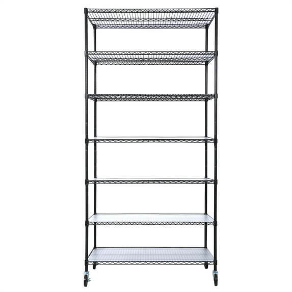 7-Tier Metal Shelf Reinforced Wire Shelving Unit, Heavy Duty Adjustable Storage Rack Shelf with Wheels & Shelf Liners, Steel Storage Rack for Kitchen/Garage