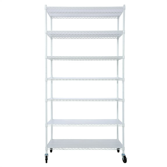 7-Tier Metal Shelf Reinforced Wire Shelving Unit, Heavy Duty Adjustable Storage Rack Shelf with Wheels & Shelf Liners, Steel Storage Rack for Kitchen/Garage