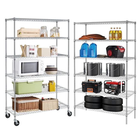 6-Tier Metal Storage Shelves, 48" x 18" x 76" Wire Shelving Unit w/Wheels, 6000 LBS Heavy Duty Industrial Utility Steel Storage Rack for Garage Kitchen Storage, Chrome
