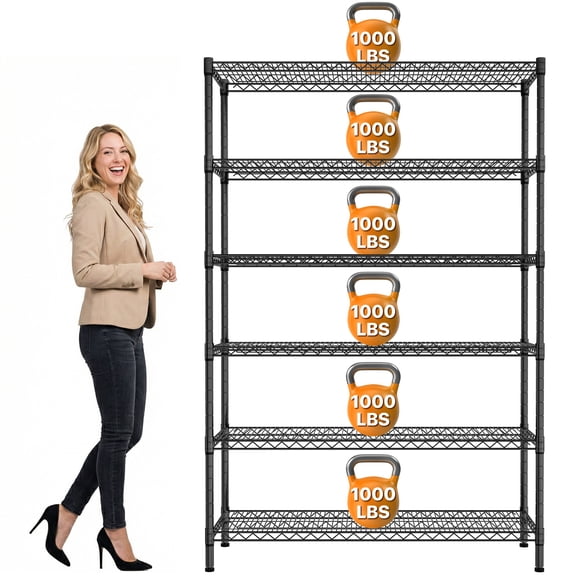 6-Tier Metal Storage Shelves, 48" x 18" x 76" Wire Shelving Unit w/Wheels, 6000 LBS Heavy Duty Industrial Utility Steel Storage Rack for Garage Kitchen Storage, Black