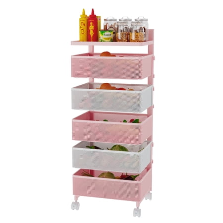 6 Tier Metal Utility Cart Rotating Shelf Household Organization Rack Green White and Pink