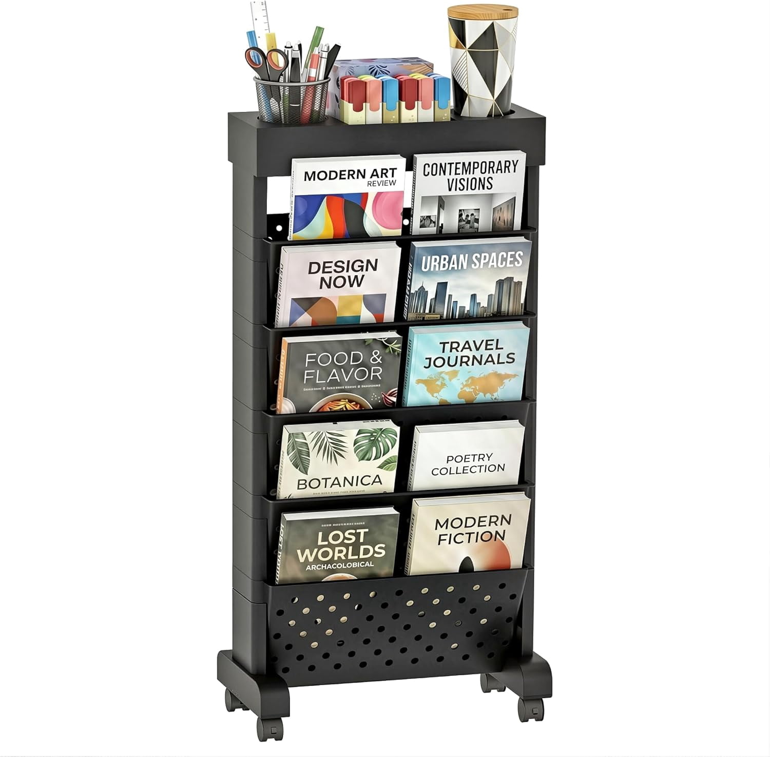 Rolling Library Book Rack 6-Tier Mobile Bookshelf, Rolling Bookcase Book Storage Rack, Movable ...