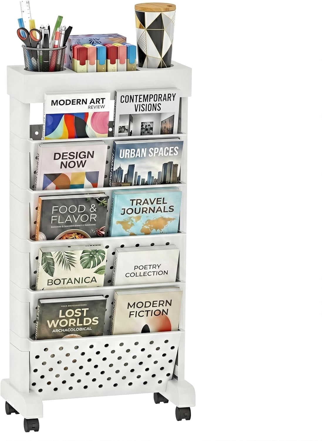 6-Tier Mobile Bookshelf, Rolling Bookcase Book Storage Rack, Movable ...