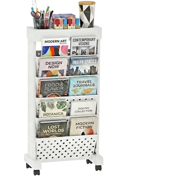 6-Tier Mobile Bookshelf, Rolling Bookcase Book Storage Rack, Movable File Folder Organizer Cart with Wheels for Home Study Office Living Room Classroom, White