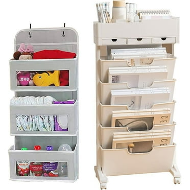 6-Tier Mobile Bookshelf with Wheels,Open Bookshelf and Over the Door OrganizerPack of 2, Door Hanging Organizer Storage, Miscellaneous Items Storage Rack Display Rack for Living Room(White and gray)