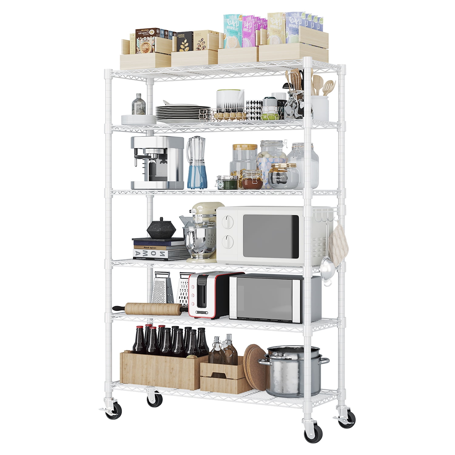 6-Tier Modular Adjustable Display Shelf White Iron Storage Rack with Side Hooks Locking Casters & Leveling Feet for Home Office Retail Garage