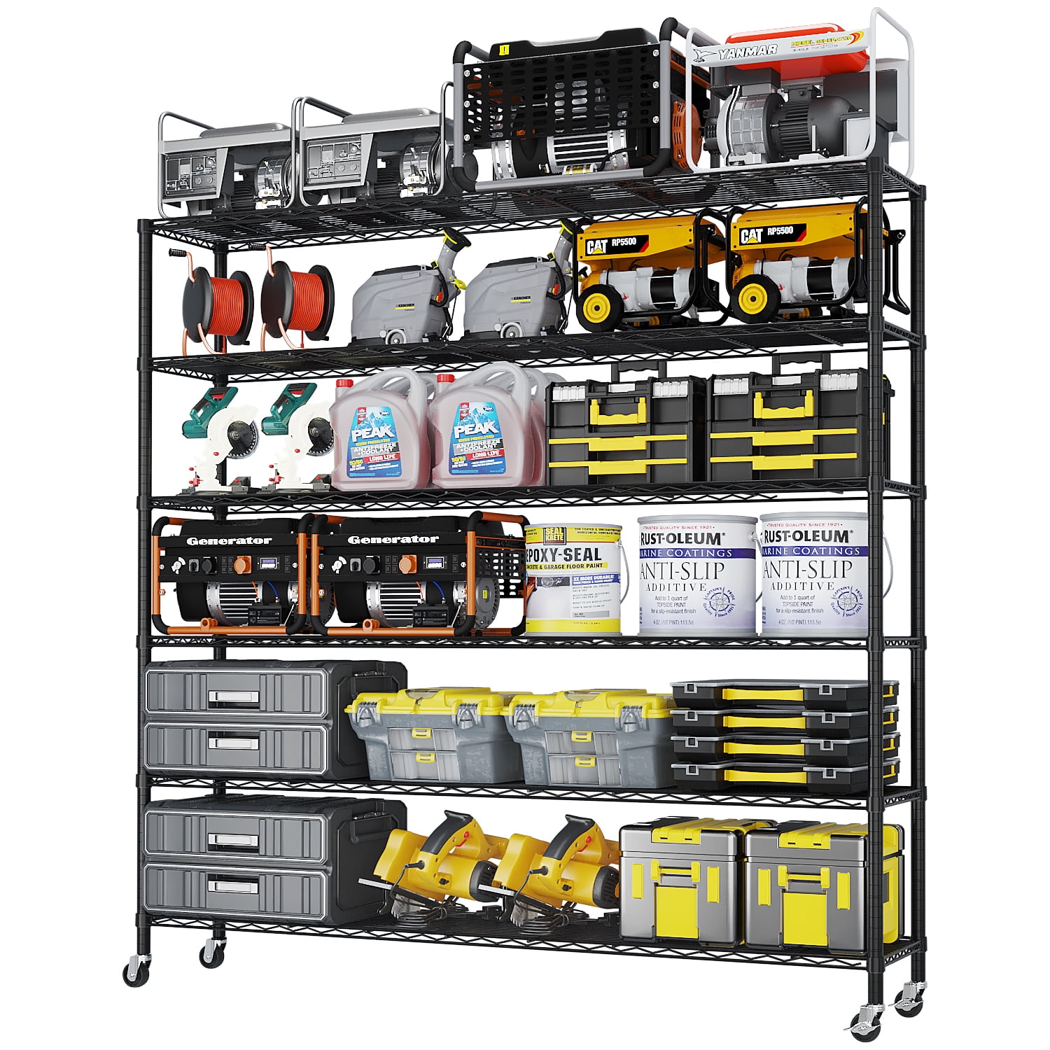 6-Tier Modular Adjustable Storage Shelving Unit Black Powder-Coated Iron Heavy Duty Rack with Locking Casters & Leveling Feet for Warehouse Garage Retail Home