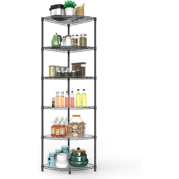 6 Tier NSF Corner Wire Shelf Shelving Unit, 18 x 18 x 72 Inch 420lbs Capacity Heavy Duty Adjustable Metal Storage Rack with Leveling Feet & Shelf Liners for Office Kitchen Bathroom and More - Black