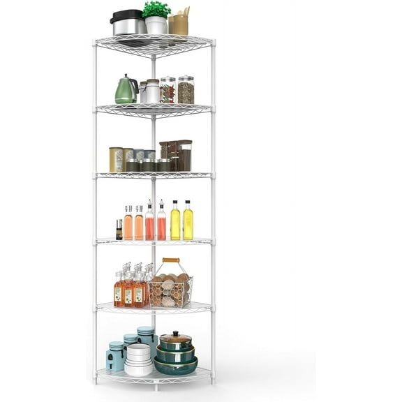 6 Tier NSF Corner Wire Shelf Shelving Unit, 18 x 18 x 72 Inch 420lbs Capacity Heavy Duty Adjustable Metal Storage Rack with Leveling Feet & Shelf Liners for Office Kitchen Bathroom and More - White